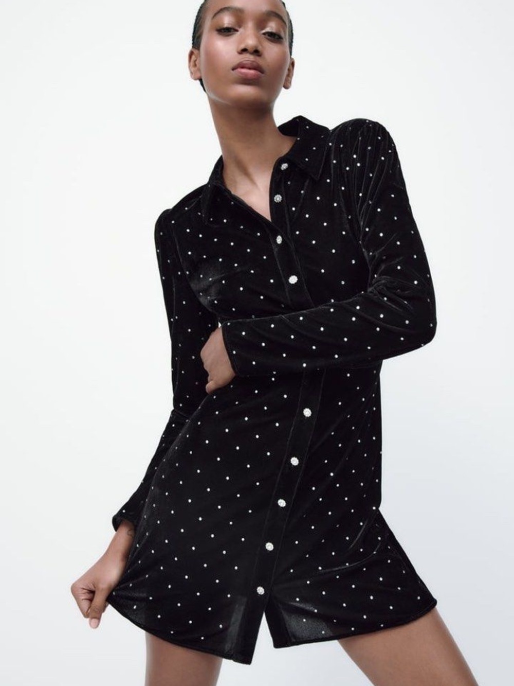 ZARA Black Velvet Button-Front Mini Dress with Stud Detail